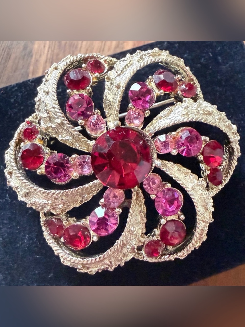 VTG Coro Red Pink Rhinestone Brooch Pin